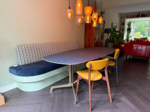 Tafel Textiel Blue denim en stoelen